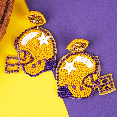 Beaded Purple Gold Football Helmet Earrings