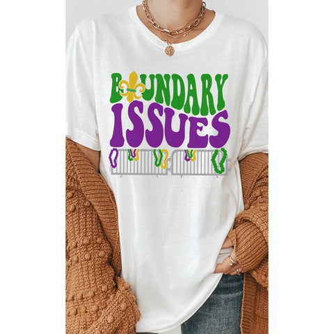 Boundary Issues, Fleur De Lis, Mardi Gras, Party, Beads, Tee: WHITE / S-XL