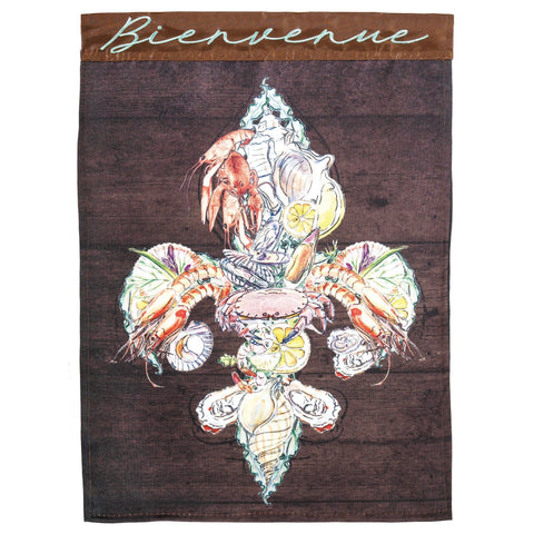 WELCOME SEAFOOD FLEUR DE LIS BIENVENUE APPLIQUE GARDEN FLAG