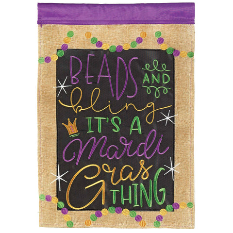 BEADS BLING MARDI GRAS garden FLAG BURLAP